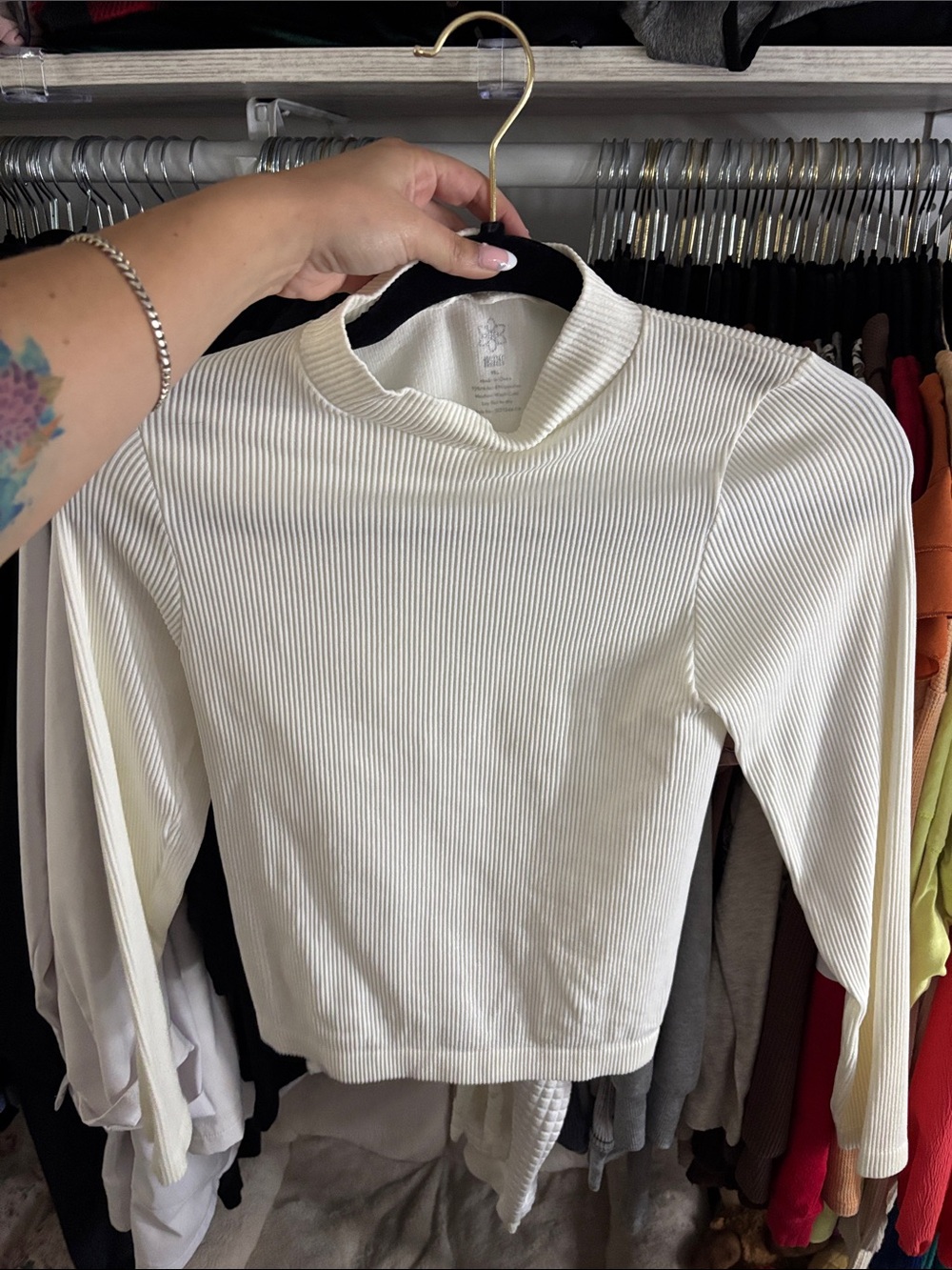 Ribbed Long-Sleeve Mock Neck Top - Cream